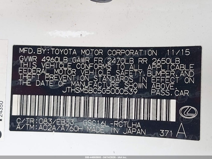 2016 Lexus Rc 300 VIN: JTHSM5BC5G5000539 Lot: 44865900