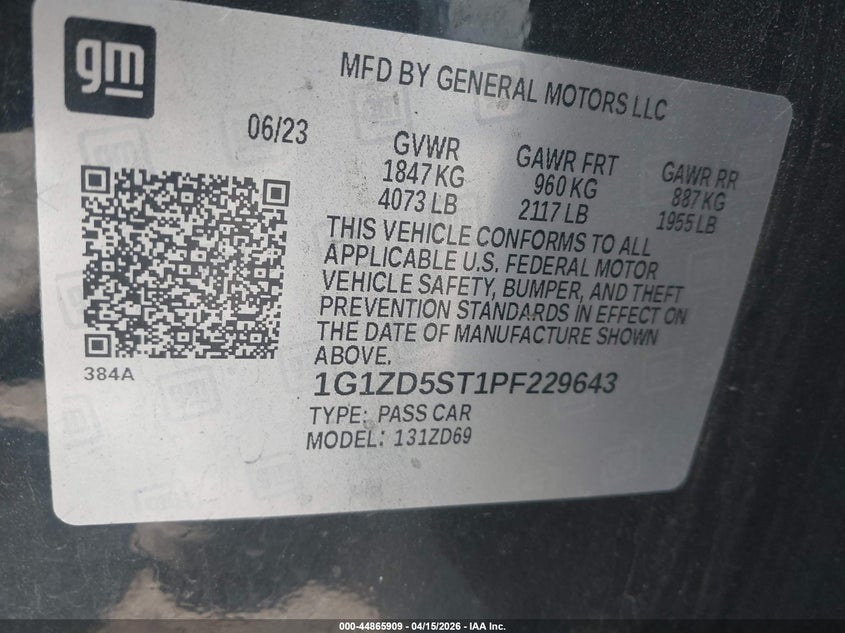 2023 Chevrolet Malibu Fwd 1Lt VIN: 1G1ZD5ST1PF229643 Lot: 44865909
