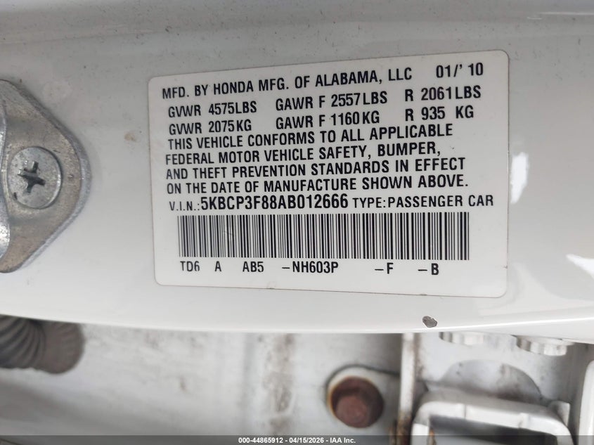 2010 Honda Accord 3.5 Ex-L VIN: 5KBCP3F88AB012666 Lot: 44865912