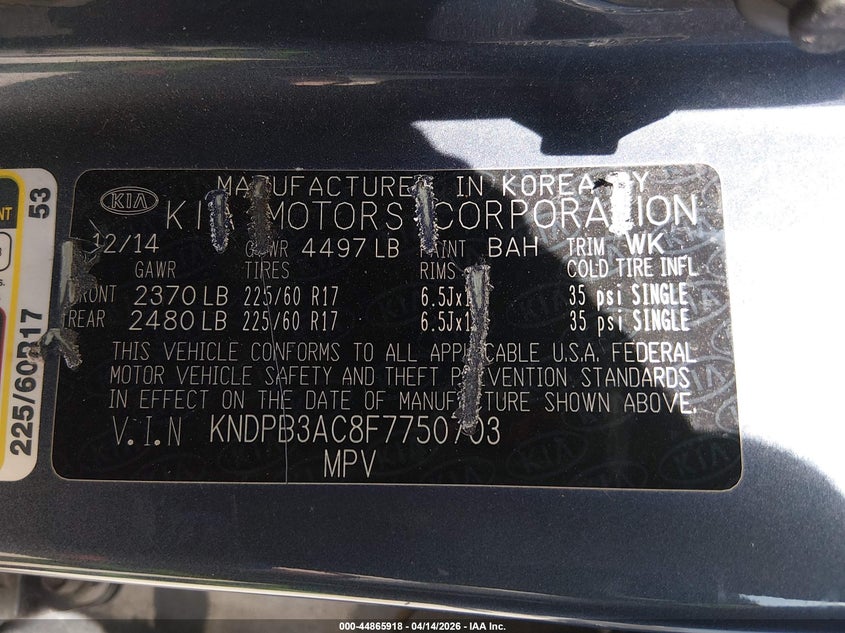 2015 Kia Sportage Lx VIN: KNDPB3AC8F7750703 Lot: 44865918