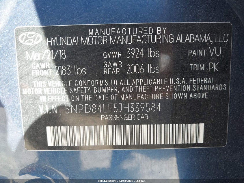 2018 Hyundai Elantra Sel VIN: 5NPD84LF5JH339584 Lot: 44865926