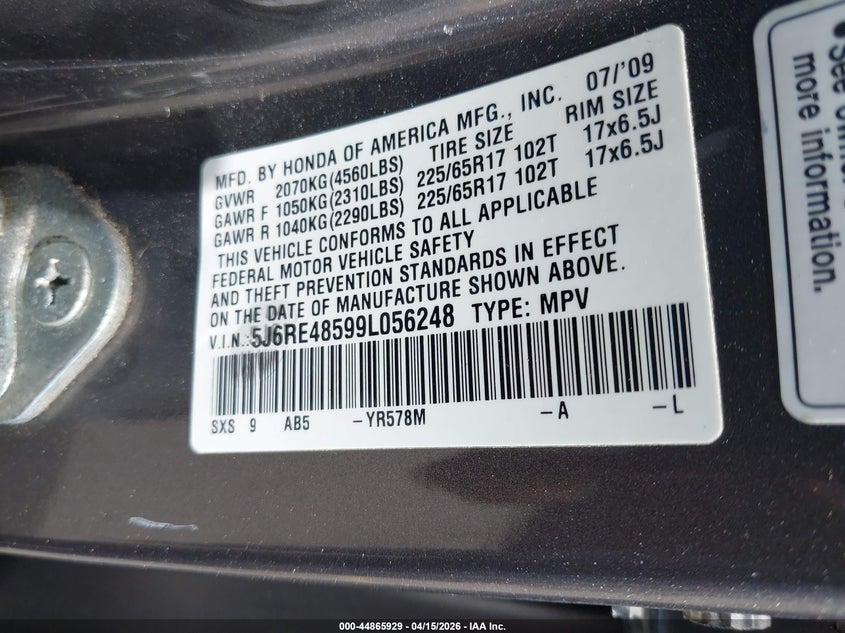 2009 Honda Cr-V Ex VIN: 5J6RE48599L056248 Lot: 44865929