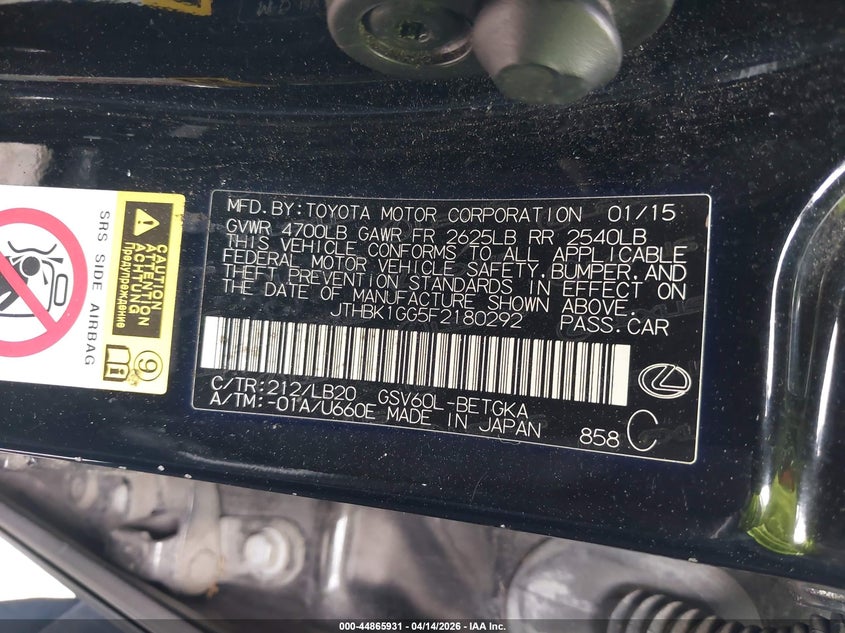 2015 Lexus Es 350 VIN: JTHBK1GG5F2180292 Lot: 44865931