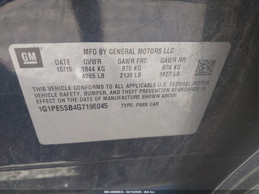 2016 Chevrolet Cruze Limited 1Lt Auto VIN: 1G1PE5SB4G7196045 Lot: 44865934