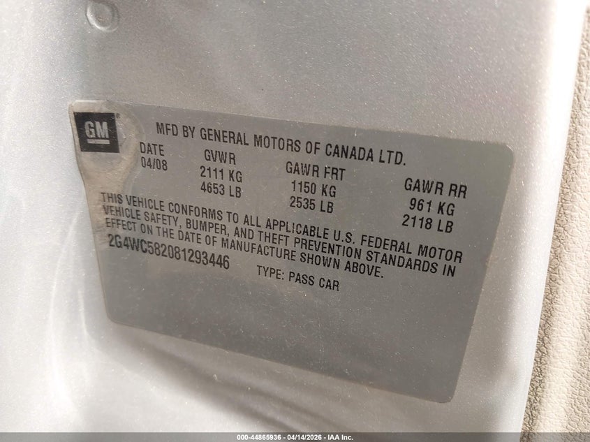 2008 Buick Lacrosse Cx VIN: 2G4WC582081293446 Lot: 44865936