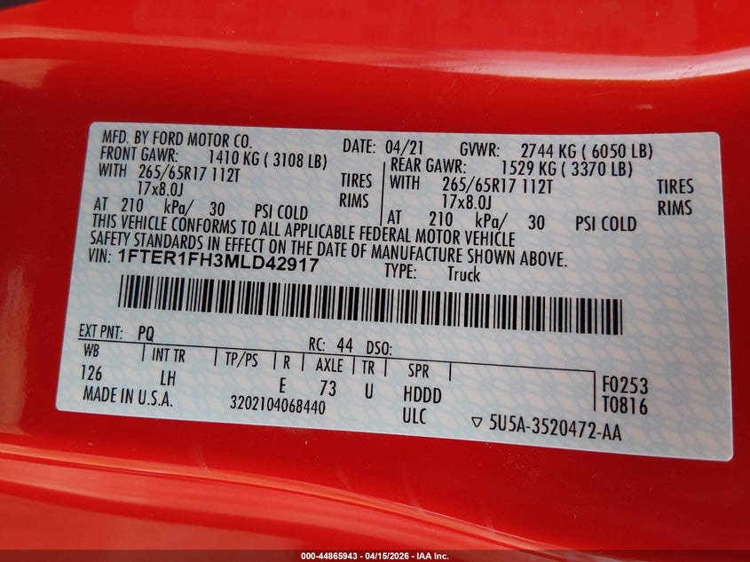 2021 Ford Ranger 2.3 Xl red Lot 111044865943 Vin 1FTER1FH3MLD42917