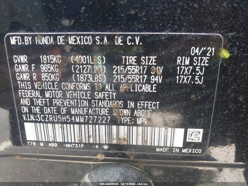 2021 Honda Hr-V 2Wd Ex VIN: 3CZRU5H54MM727227 Lot: 44865945