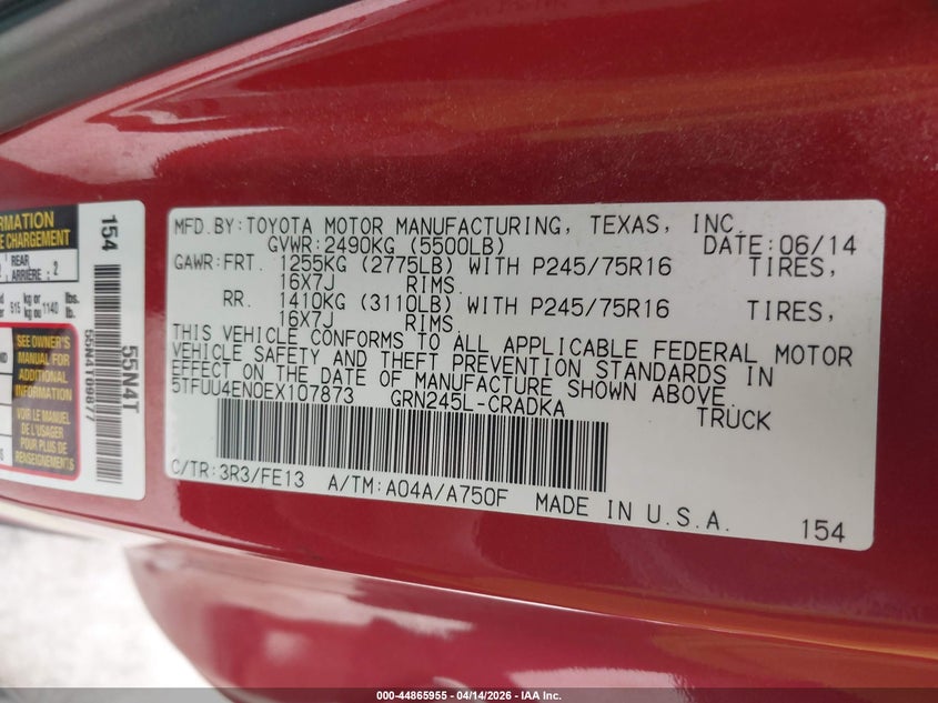 2014 Toyota Tacoma Base V6 VIN: 5TFUU4EN0EX107873 Lot: 44865955