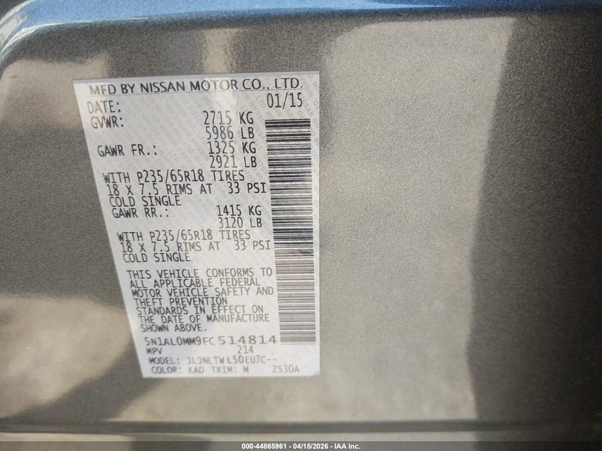 2015 Infiniti Qx60 VIN: 5N1AL0MM9FC514814 Lot: 44865961