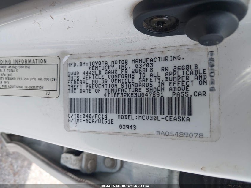 2003 Toyota Camry Se V6 VIN: 4T1BF32K83U047891 Lot: 44865968