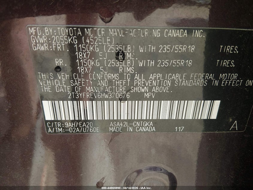 2017 Toyota Rav4 Limited VIN: 2T3YFREV6HW370676 Lot: 44865998