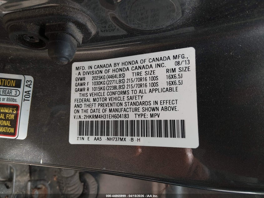 2014 Honda Cr-V Lx VIN: 2HKRM4H31EH604183 Lot: 44865999