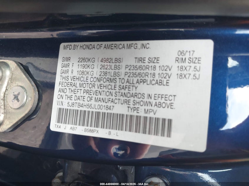 2018 Acura Rdx Technology Acurawatch Plus Packages/Technology Package VIN: 5J8TB4H56JL001847 Lot: 44866000