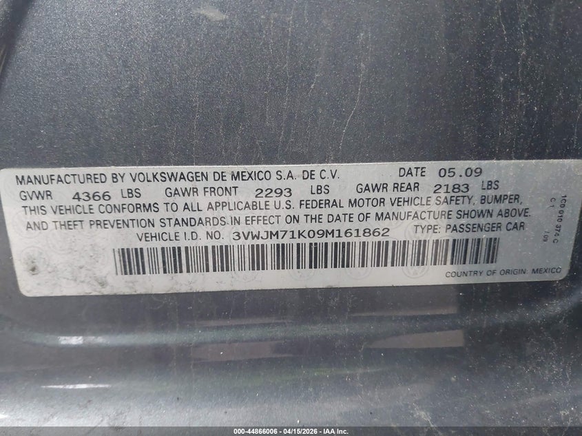 2009 Volkswagen Jetta S VIN: 3VWJM71K09M161862 Lot: 44866006