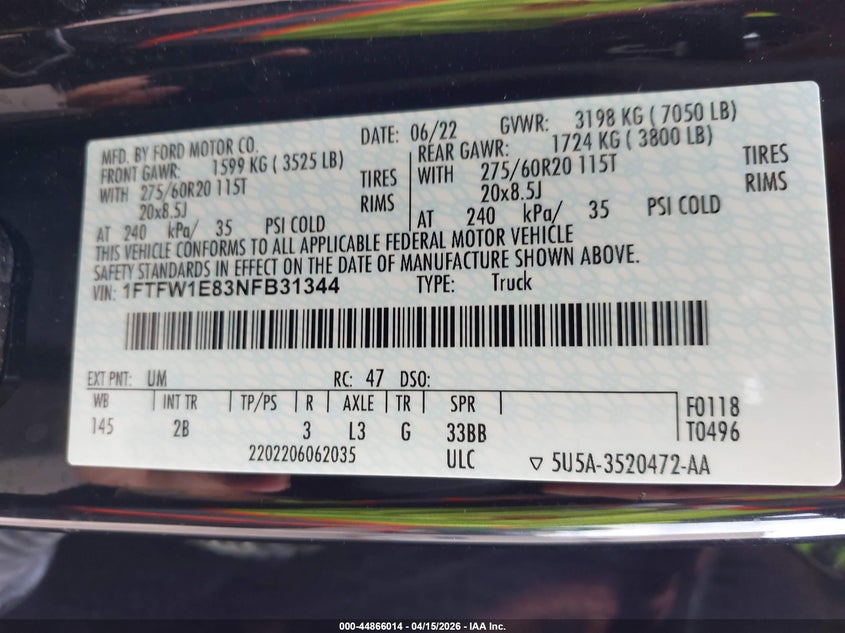 2022 Ford F-150 Lariat VIN: 1FTFW1E83NFB31344 Lot: 44866014