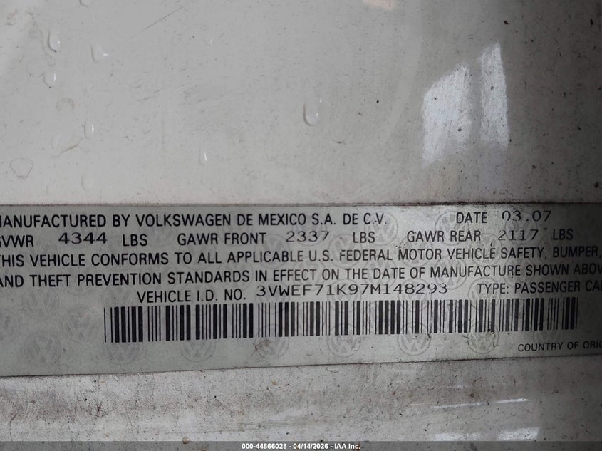 2007 Volkswagen Jetta Wolfsburg Edition VIN: 3VWEF71K97M148293 Lot: 44866028