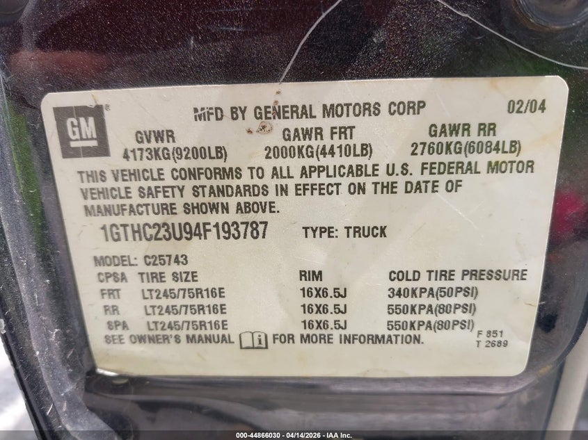 2004 GMC Sierra 2500Hd Slt VIN: 1GTHC23U94F193787 Lot: 44866030