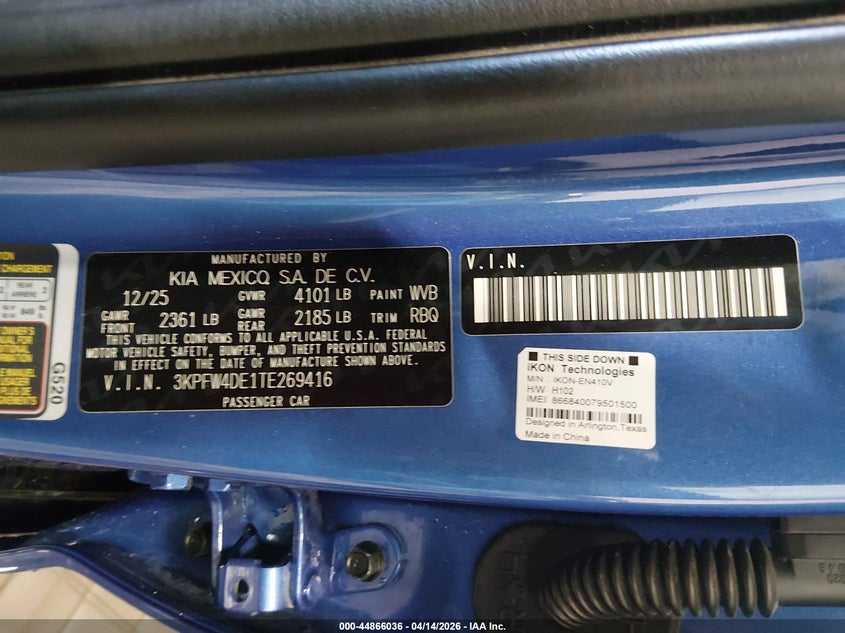 2026 Kia K4 Gt-Line VIN: 3KPFW4DE1TE269416 Lot: 44866036