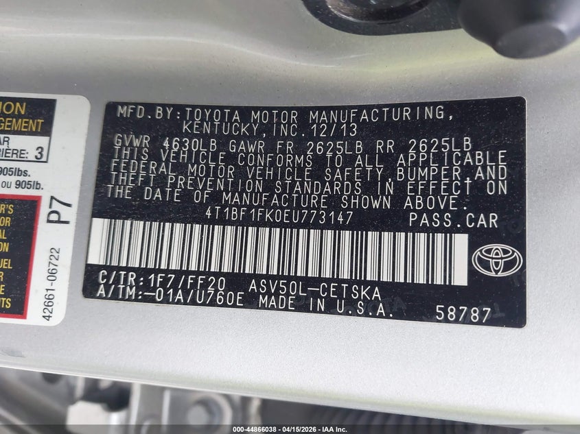 2014 Toyota Camry Se VIN: 4T1BF1FK0EU773147 Lot: 44866038