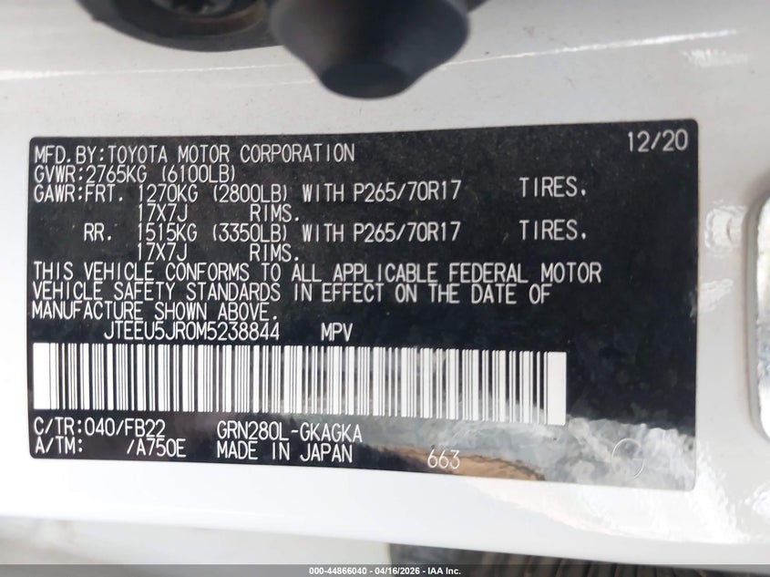 VIN JTEEU5JR0M5238844 2021 TOYOTA 4RUNNER SR5