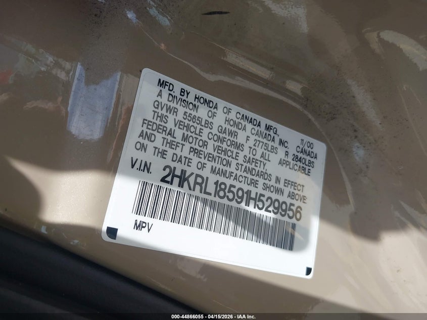 2001 Honda Odyssey Lx VIN: 2HKRL18591H529956 Lot: 44866055