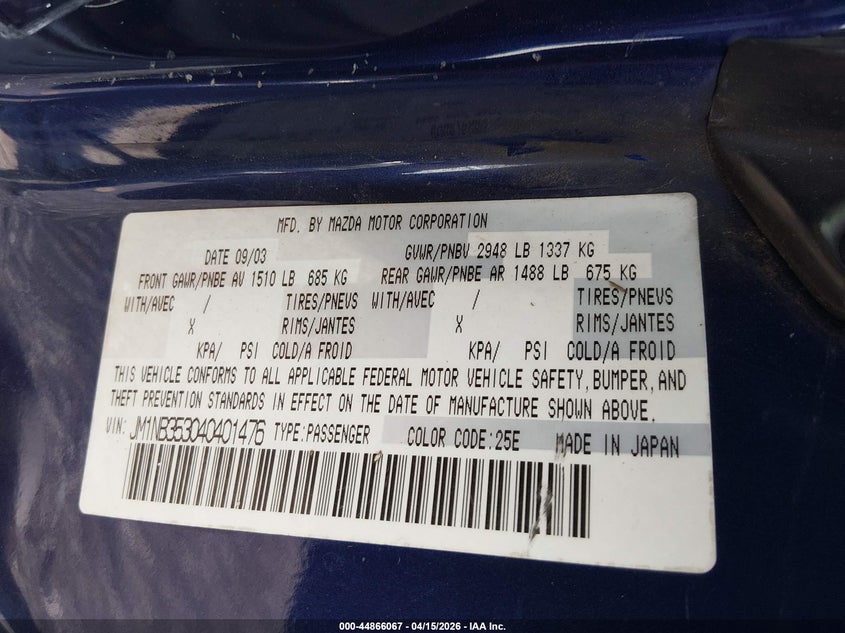 2004 Mazda Mx-5 Miata Cloth VIN: JM1NB353040401476 Lot: 44866067