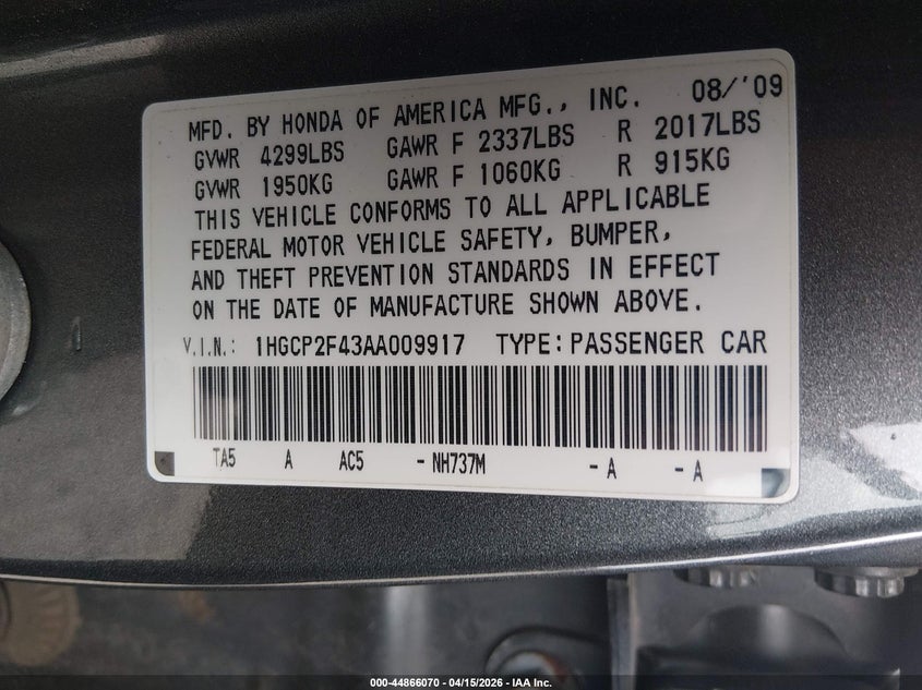 2010 Honda Accord 2.4 Lx-P VIN: 1HGCP2F43AA009917 Lot: 44866070