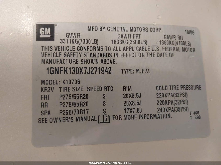 2007 Chevrolet Tahoe Ltz VIN: 1GNFK130X7J271942 Lot: 44866072