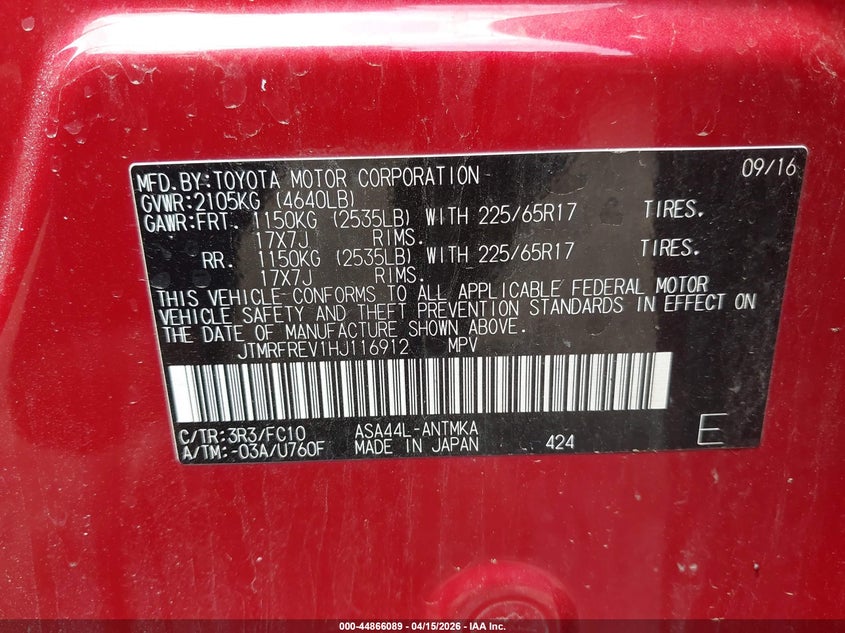 2017 Toyota Rav4 Xle VIN: JTMRFREV1HJ116912 Lot: 44866089