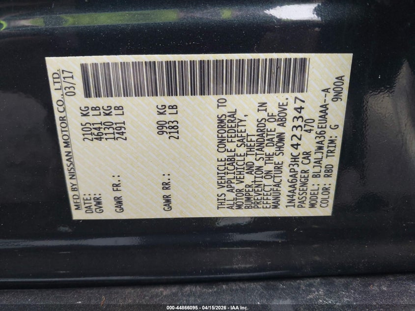 2017 Nissan Maxima 3.5 Sv VIN: 1N4AA6AP3HC423347 Lot: 44866095