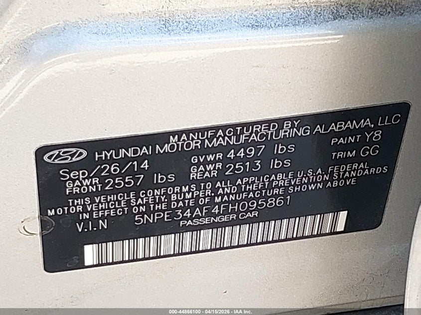 2015 Hyundai Sonata Sport VIN: 5NPE34AF4FH095861 Lot: 44866100