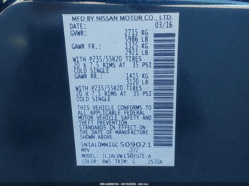 2016 Infiniti Qx60 VIN: 5N1AL0MN1GC509021 Lot: 44866104