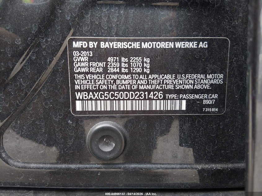 2013 BMW 528I VIN: WBAXG5C50DD231426 Lot: 44866132