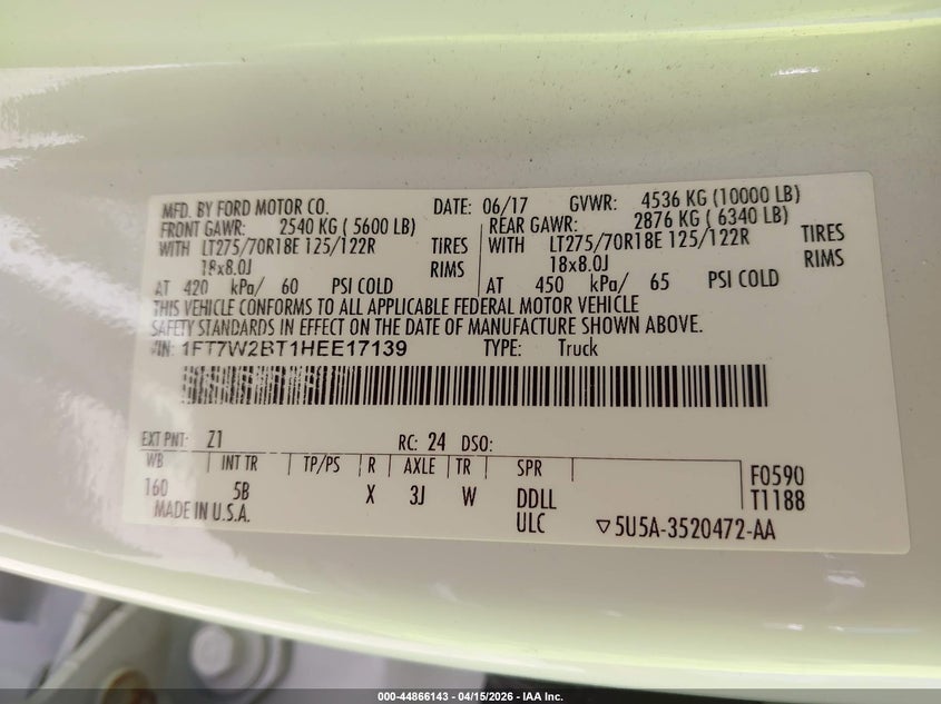 2017 Ford F-250 Lariat VIN: 1FT7W2BT1HEE17139 Lot: 44866143