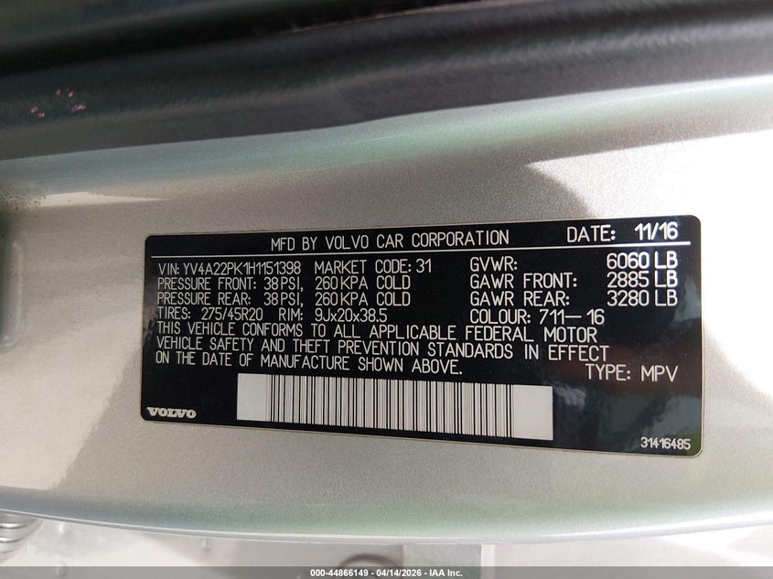 2017 Volvo Xc90 T6 Momentum VIN: YV4A22PK1H1151398 Lot: 44866149