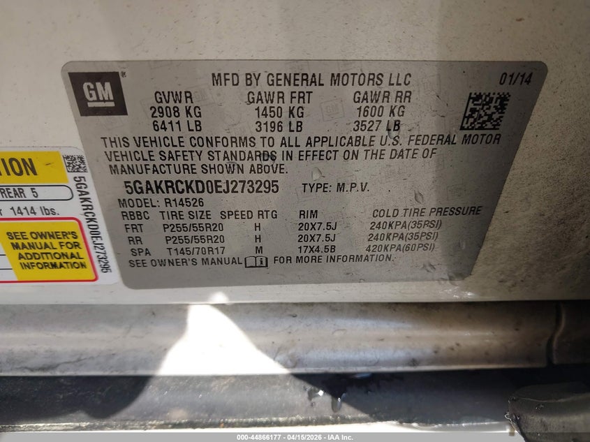 2014 Buick Enclave Premium VIN: 5GAKRCKD0EJ273295 Lot: 44866177