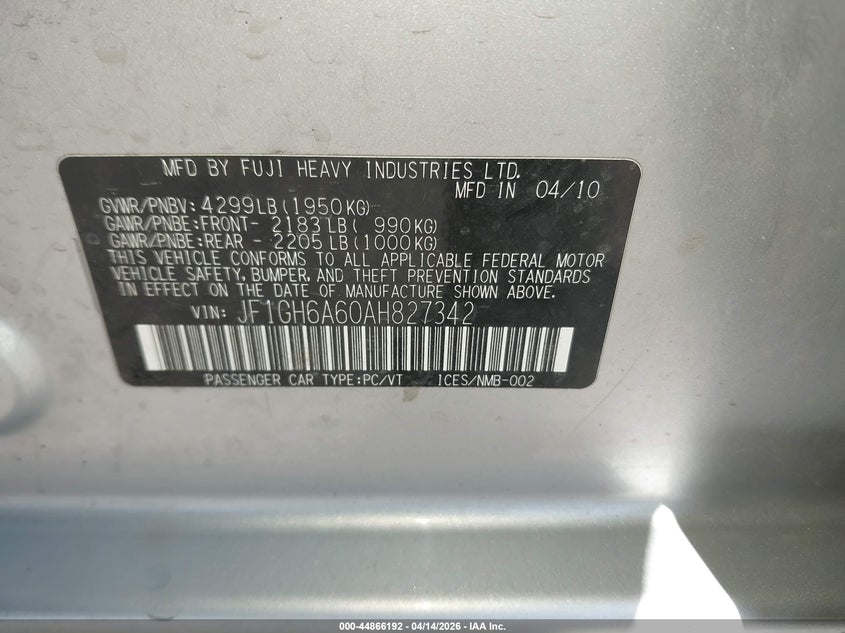 2010 Subaru Impreza 2.5I VIN: JF1GH6A60AH827342 Lot: 44866192