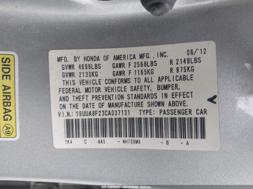 2012 Acura Tl 3.5 VIN: 19UUA8F23CA037131 Lot: 44866207