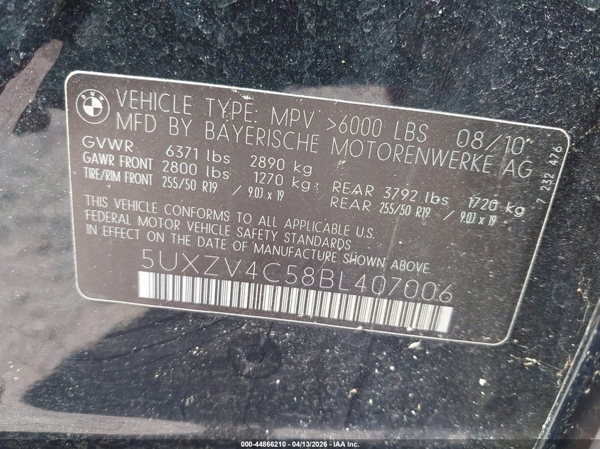 2011 BMW X5 xDrive35I/xDrive35I Premium/xDrive35I Sport Activity VIN: 5UXZV4C58BL407006 Lot: 44866210