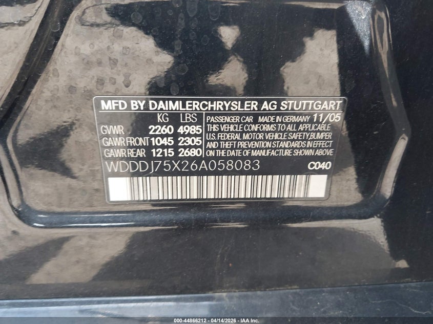 2006 Mercedes-Benz Cls 500 VIN: WDDDJ75X26A058083 Lot: 44866212