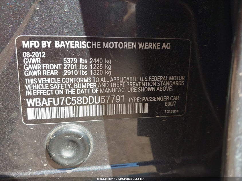 2013 BMW 535I xDrive VIN: WBAFU7C58DDU67791 Lot: 44866215