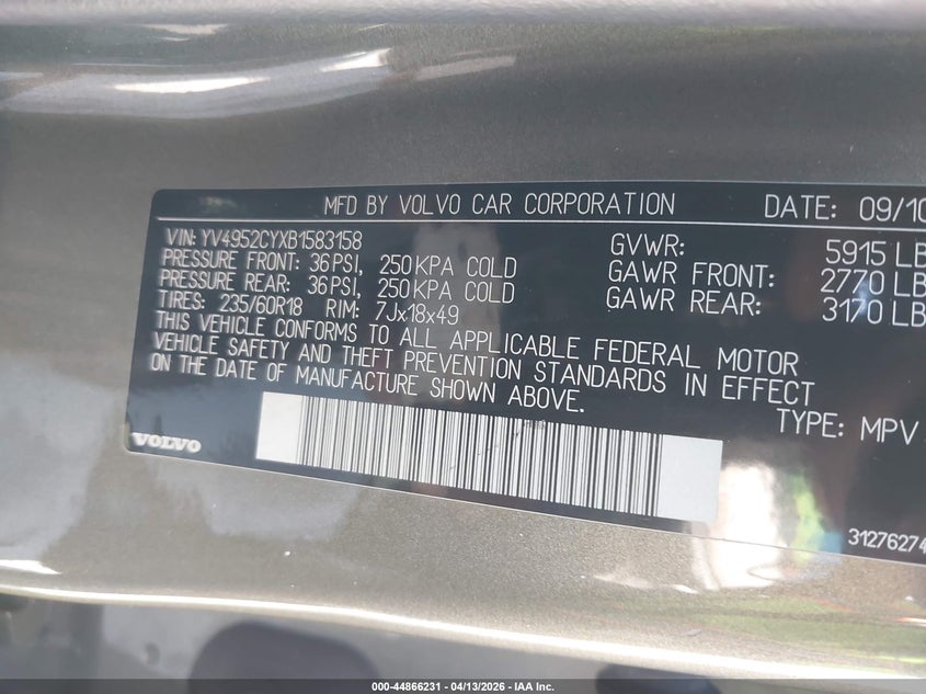 2011 Volvo Xc90 3.2 VIN: YV4952CYXB1583158 Lot: 44866231