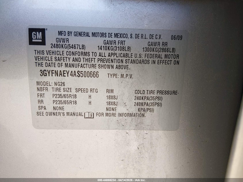 2010 Cadillac Srx Luxury Collection VIN: 3GYFNAEY4AS500666 Lot: 44866234