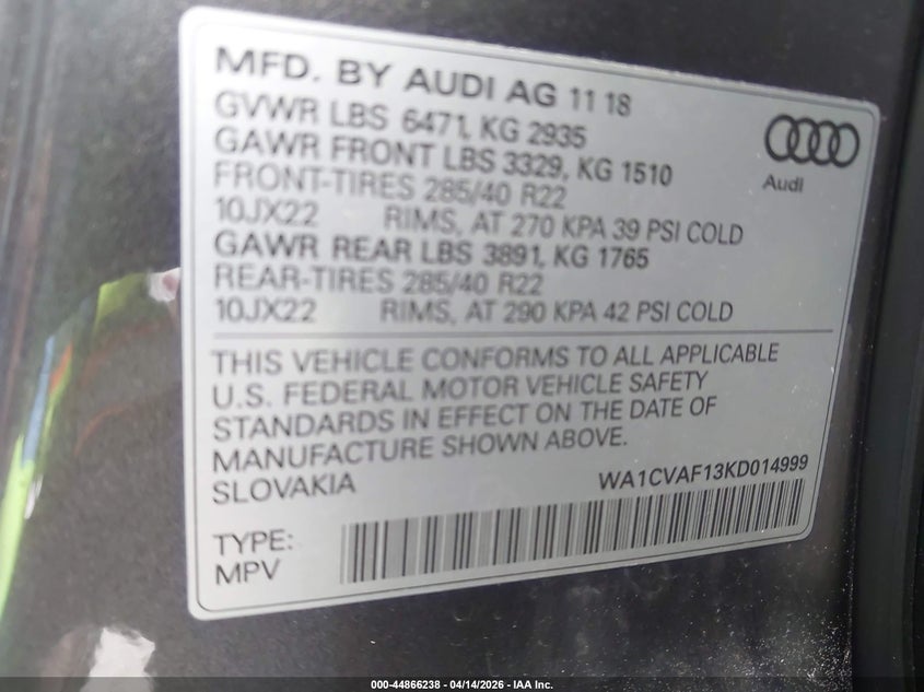 2019 Audi Q8 55 Premium VIN: WA1CVAF13KD014999 Lot: 44866238