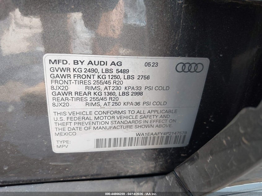 2023 Audi Q5 Premium Plus 45 Tfsi S Line Quattro VIN: WA1EAAFY4P2147579 Lot: 44866259