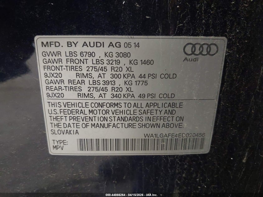 2014 Audi Q7 3.0T Premium VIN: WA1LGAFE4ED020456 Lot: 44866264