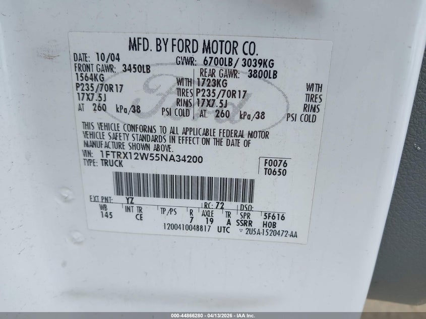 2005 Ford F-150 Stx/Xl/Xlt VIN: 1FTRX12W55NA34200 Lot: 44866280