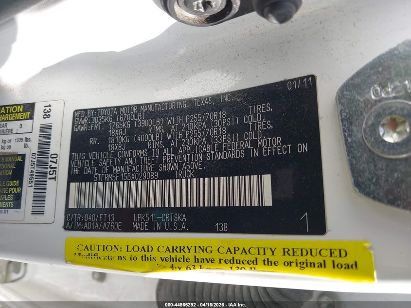 2011 Toyota Tundra Grade 4.6L V8 VIN: 5TFRM5F15BX029089 Lot: 44866292