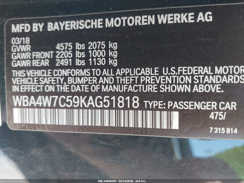 2019 BMW 440I VIN: WBA4W7C59KAG51818 Lot: 44866300
