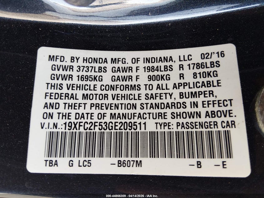 2016 Honda Civic 2.0 Lx grey Lot 111044866309 Vin 19XFC2F53GE209511
